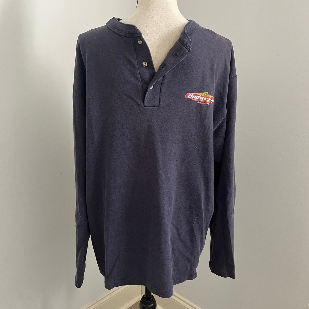 Vintage Budweiser Henley Shirt Mens Large Navy Blue Cotton Deluxe Made in USA
